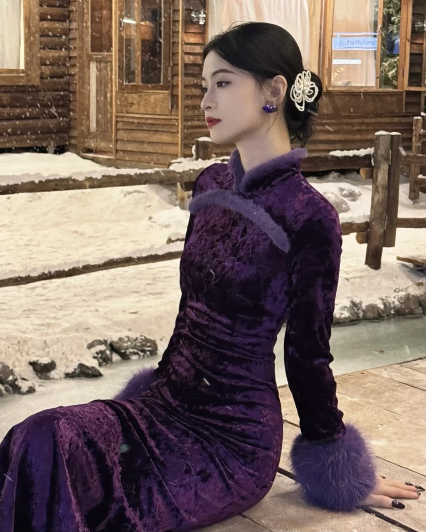 【藏玉白】低开衩冬季加绒轻奢长裙包臀收腰旗袍连衣裙-Y-000149