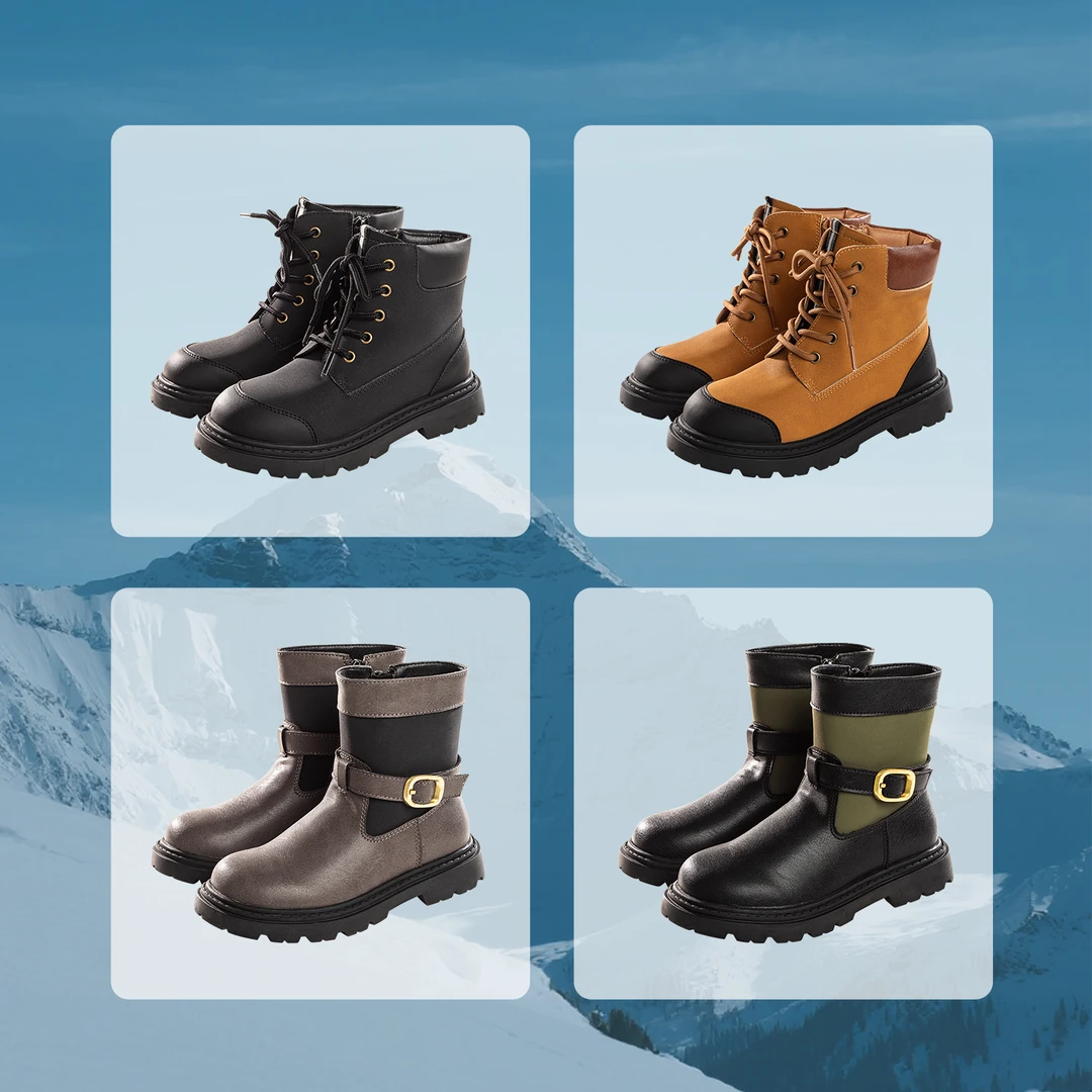 【福利】小蓝羊冬季男女童皮靴户外靴运动防滑复古童靴户外马丁靴