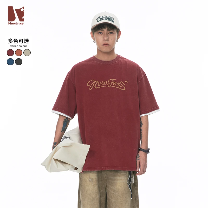 美式复古255g刺绣水洗做旧破坏短袖T恤男夏季新款潮打底tJN42X26