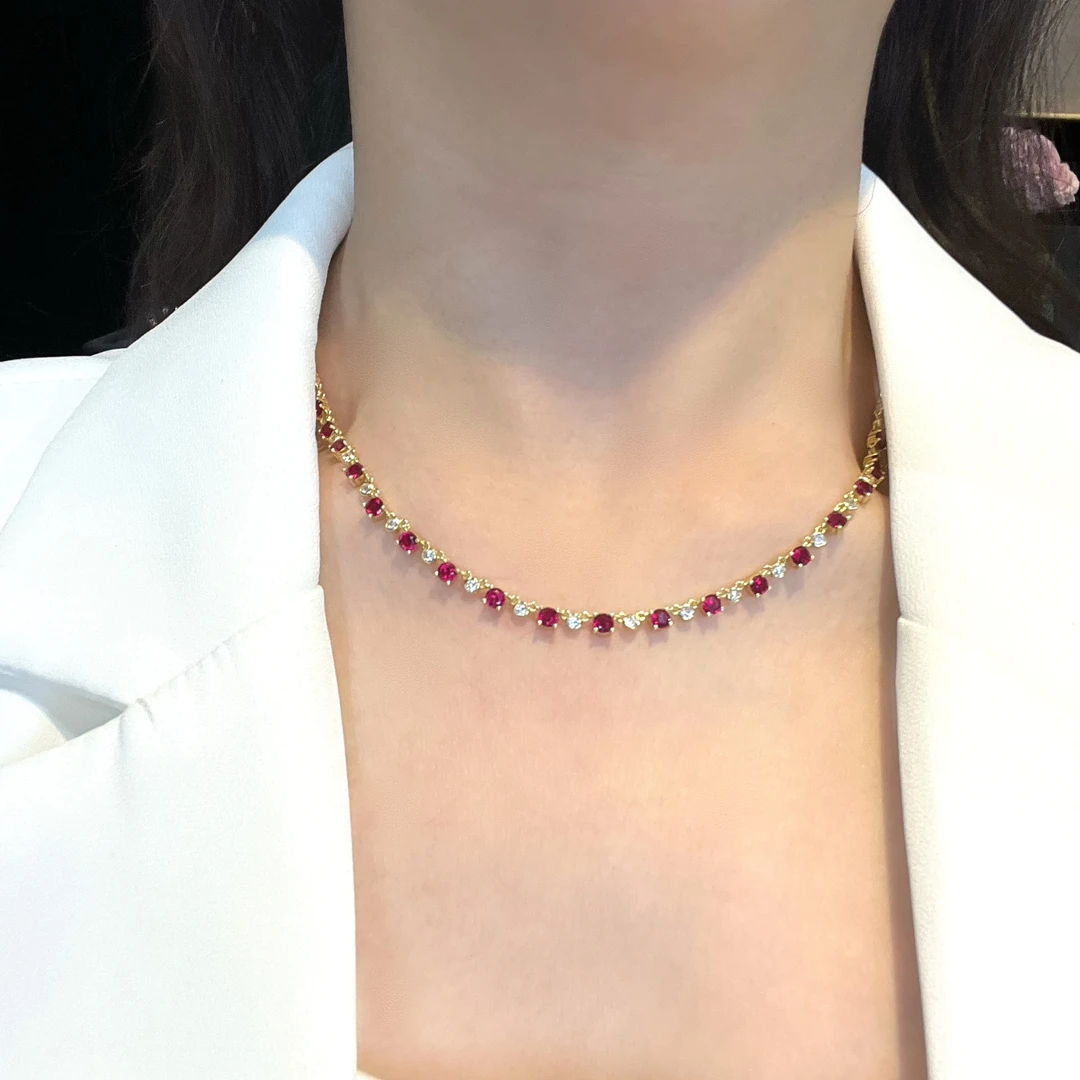 培育红宝石N852【星尘星海】镶嵌圆形鸽血红色时尚精致百搭项链45cm