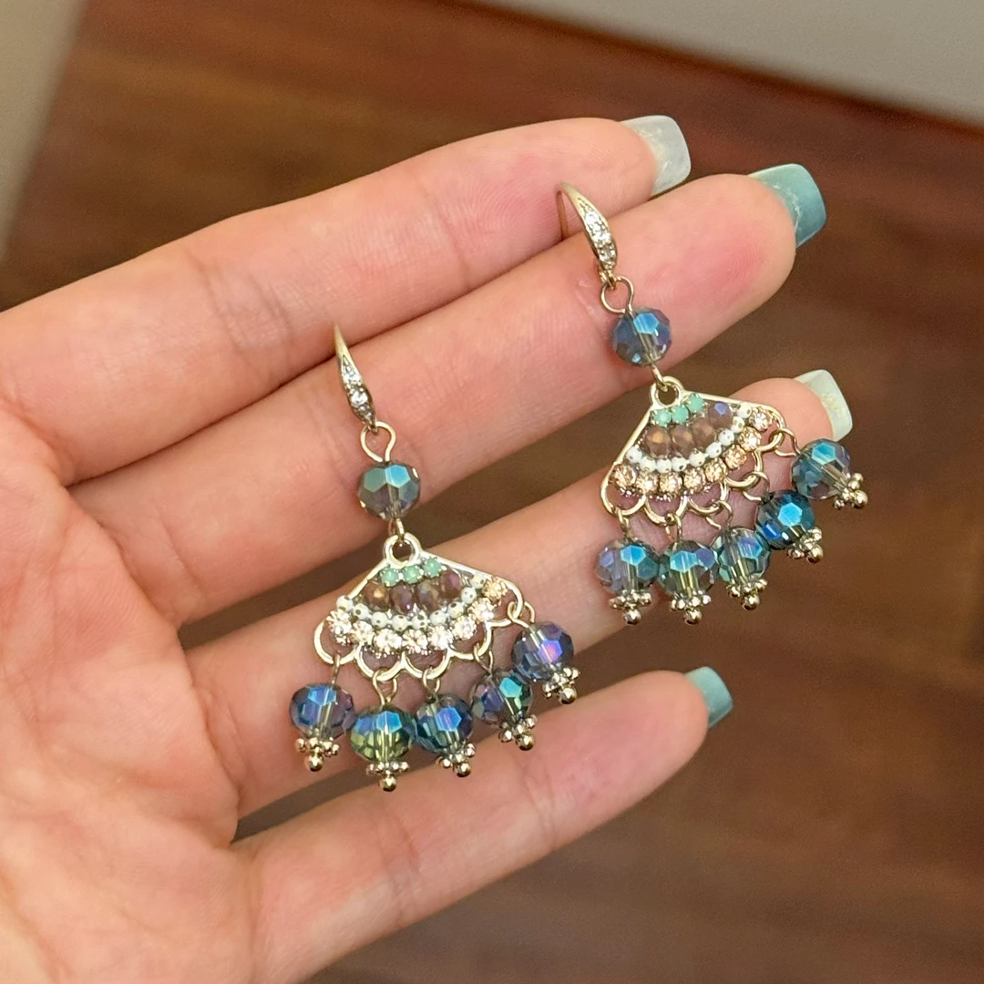 铜合金合成锆石耳饰 E0646东大门定制手工扇子流苏耳环彩色