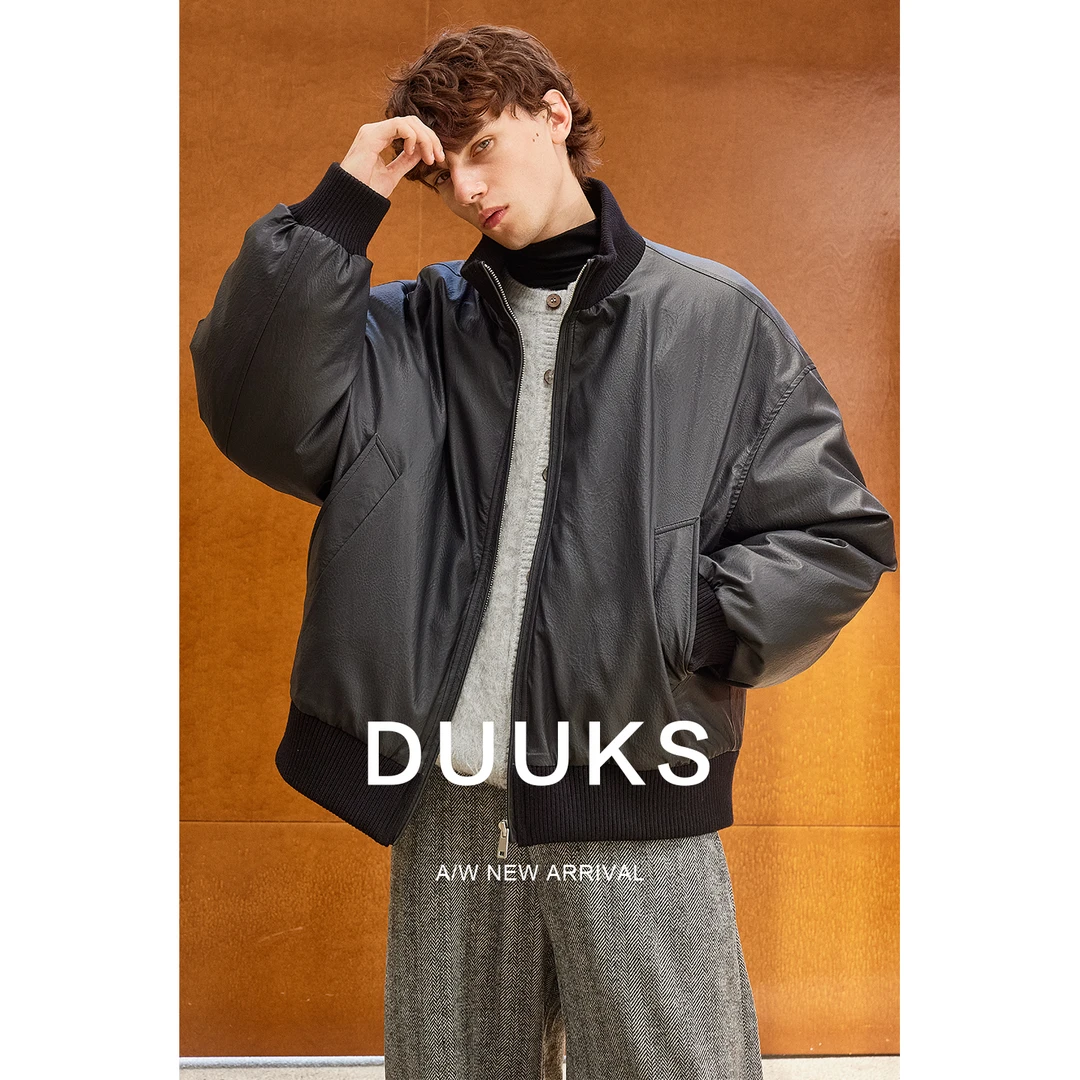 DUUKSpu皮衣羽绒服男轻薄外套2025新款秋冬季保暖立领夹克面包服