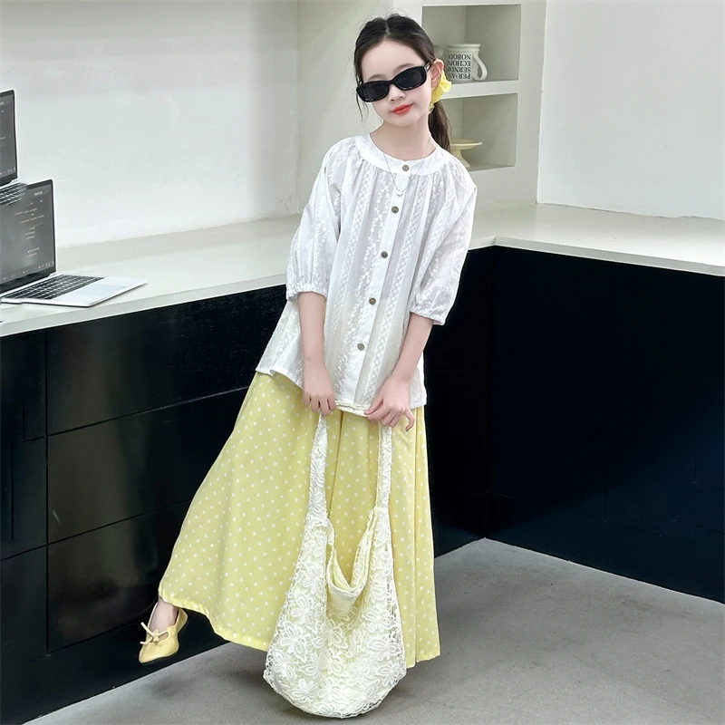 女童2025夏季新款刺绣衬衫设计感小众短袖上衣波点阔腿裤两件套潮