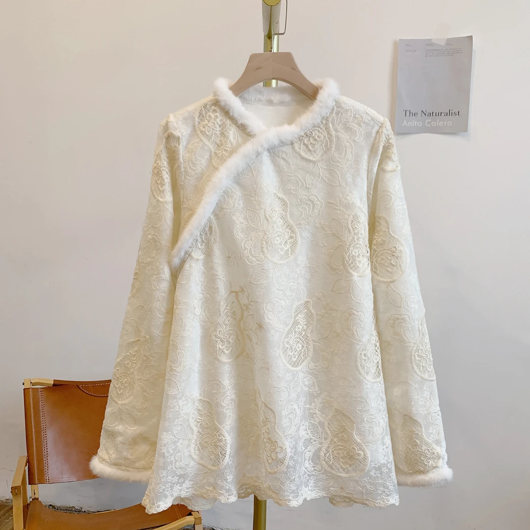 福禄Y4129加绒蕾丝拼接毛边圆领新中式衬衫