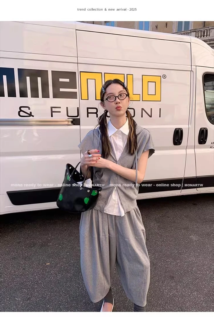 MONA 假两件宽松马甲上衣 中腰裤子套装女小个子 2025夏季新款