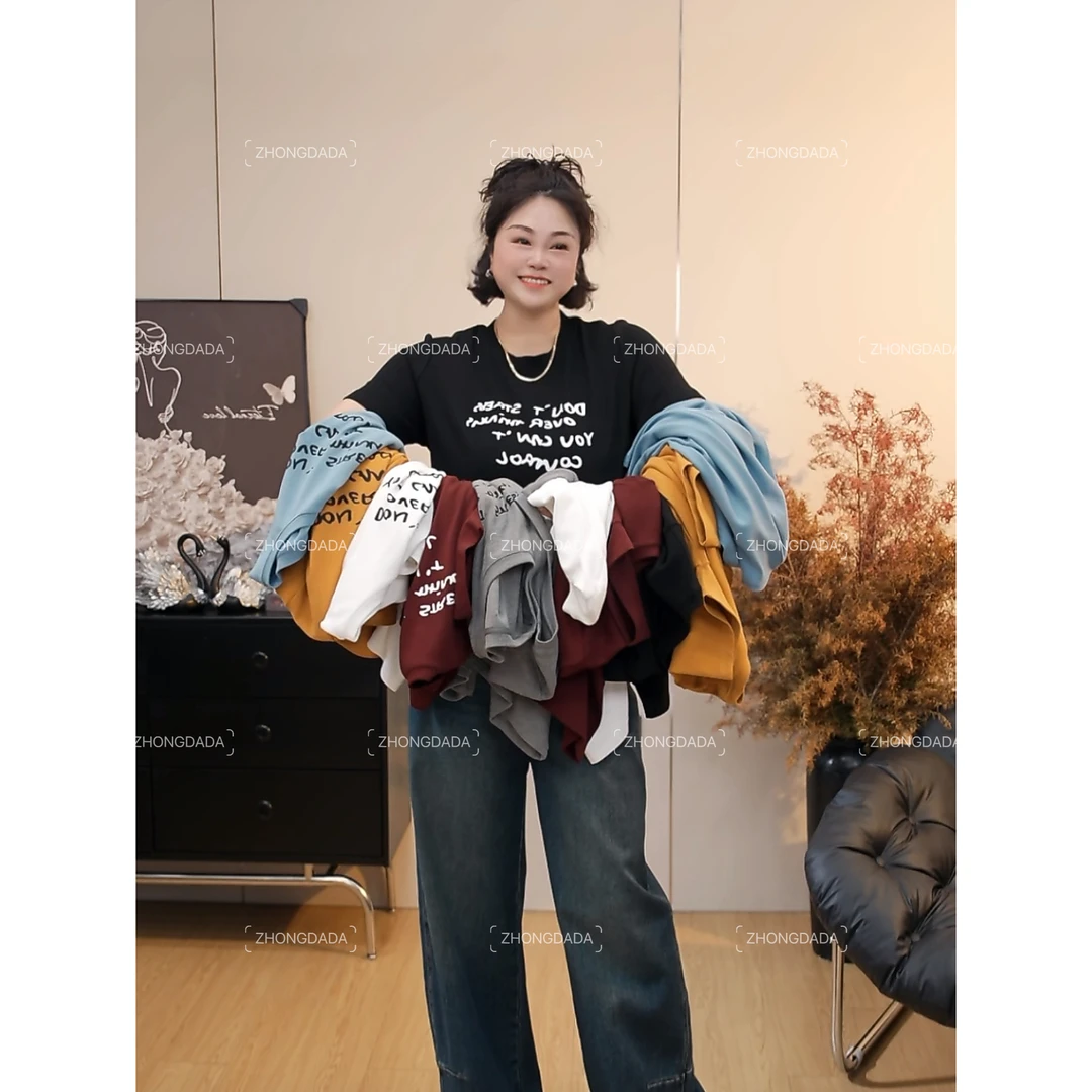 ZHONG大大【】纯色圆领印花T恤2025秋冬百搭简约舒适上衣1012