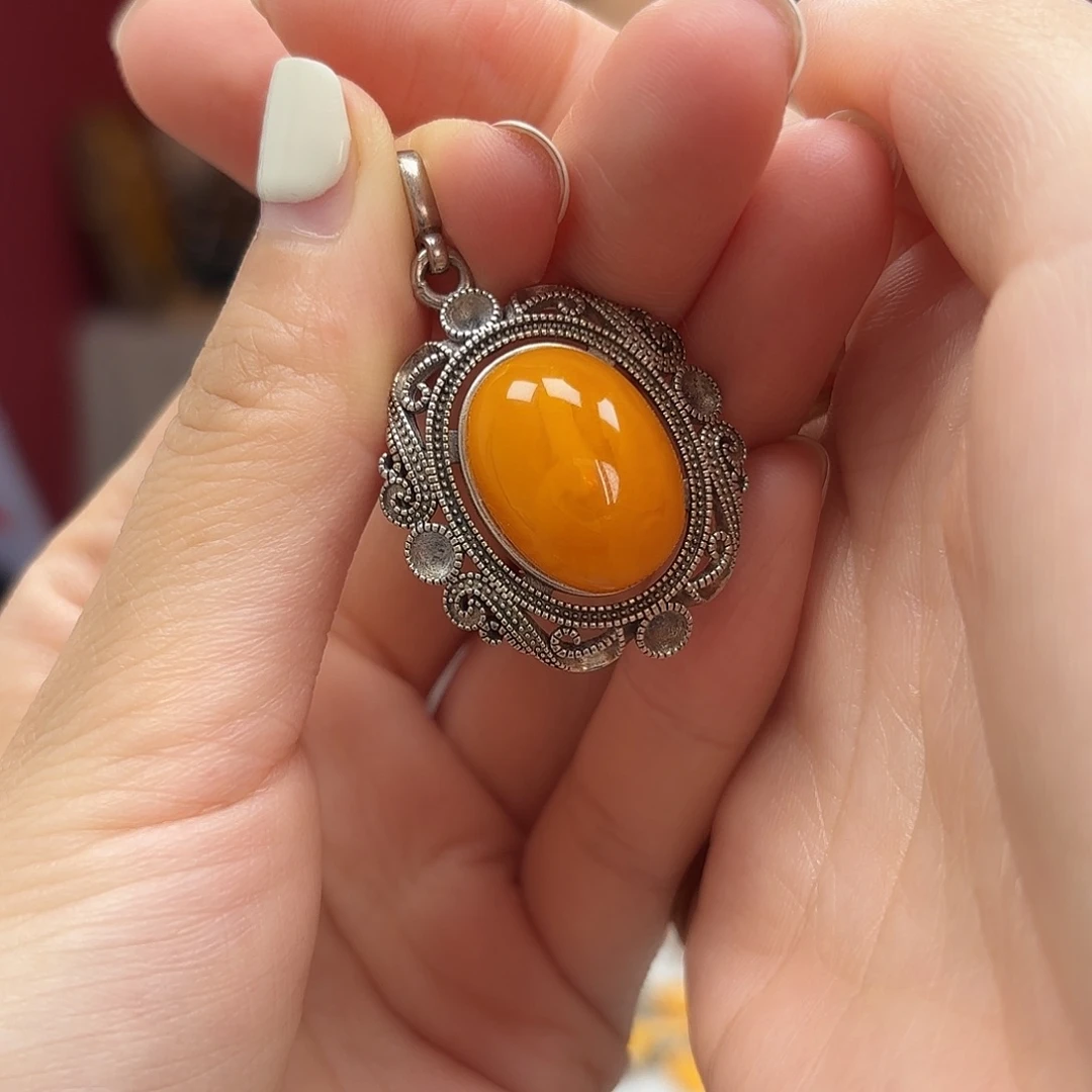 琥珀裸石银S925镶嵌31吊坠