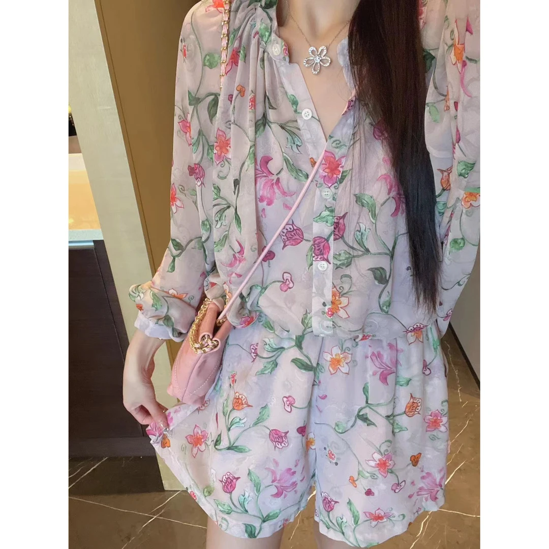 xxxwxz王希之藕粉~花朵雪纺娃娃衫＋背心两件套套装#12604