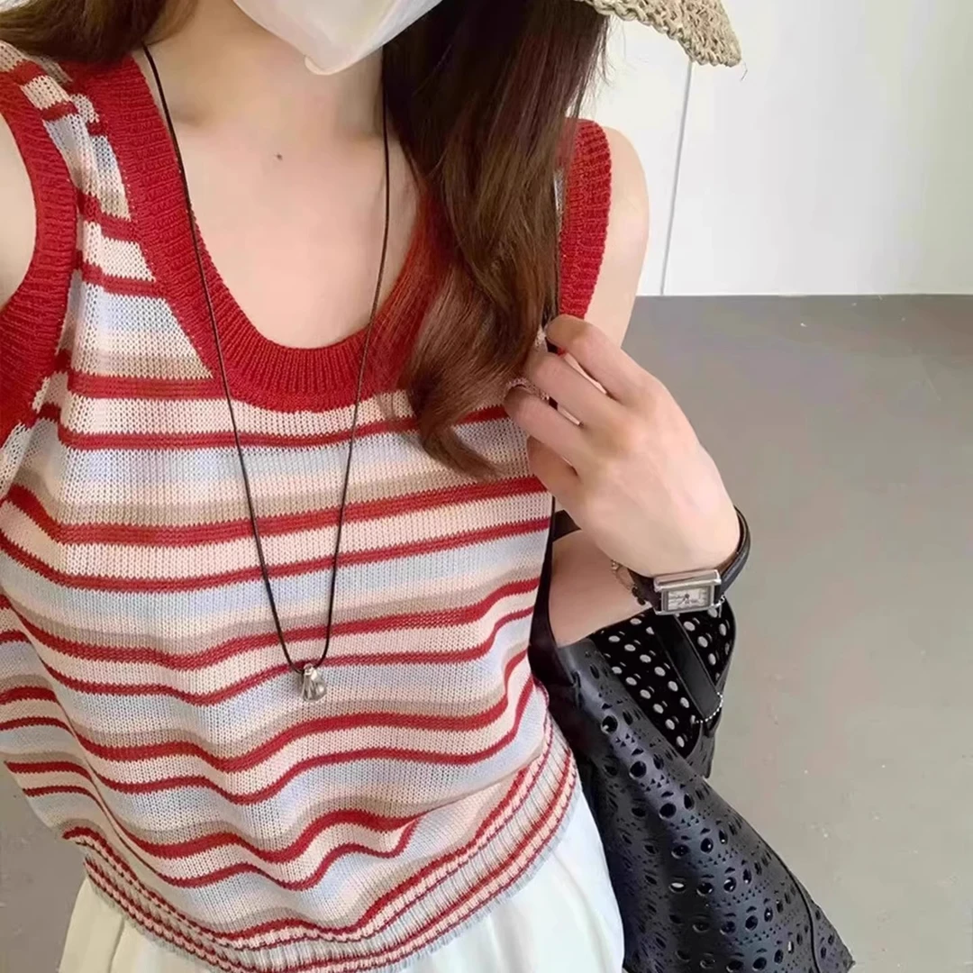 冰丝条纹针织背心上衣女夏季外穿2025新款薄款针织衫u领无袖吊带