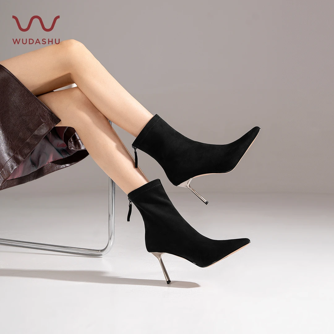 吴大叔法式尖头细跟短靴女秋冬瘦瘦靴子女金属跟时尚百搭TF132075