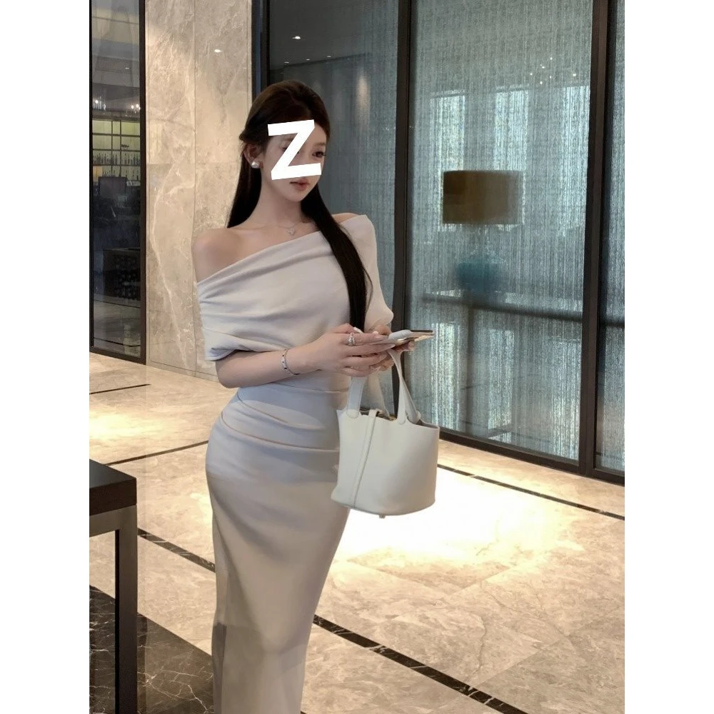 气质性感斜肩短袖连衣裙女夏季修身一字肩长裙显身材收腰包臀裙子