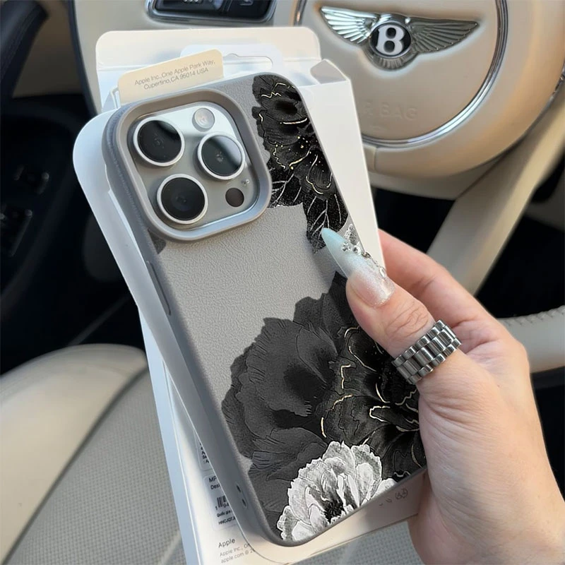 黑牡丹适用苹果16p/15手机壳iPhone14promax13荔枝纹12软11防摔