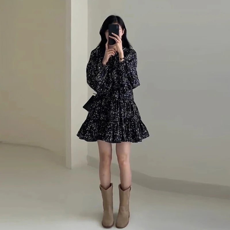 2025春夏装新款小个子茶歇法式黑色碎花长袖连衣裙子女高级感短裙