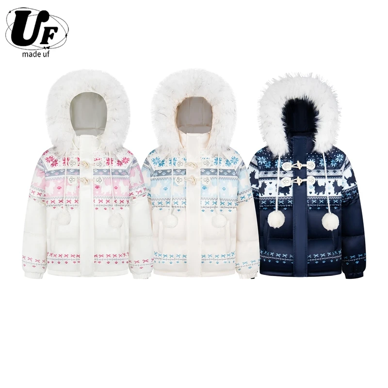 UF 原创国潮美式复古费尔岛印花毛领连帽棉服外套男女秋冬棉衣潮
