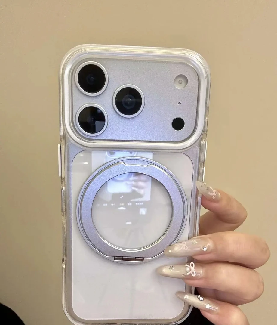 360旋转支架透明金绿橙白边支架苹果17promax手机壳iphone16壳15