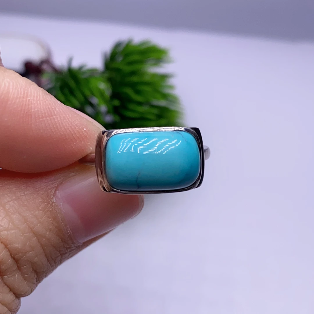 绿松石女士戒指s925银镶嵌瓷釉级蓝绿料素款银戒尺寸8x12.8mm