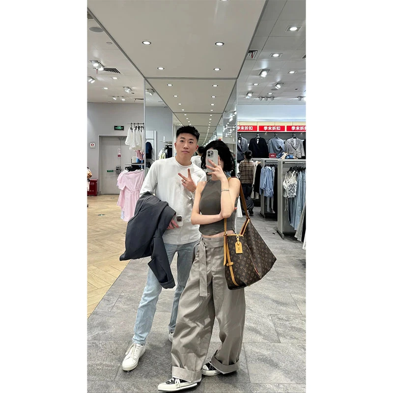 美式复古休闲百搭精致吊带背心上衣高腰修身绑带腰头阔腿裤工装裤