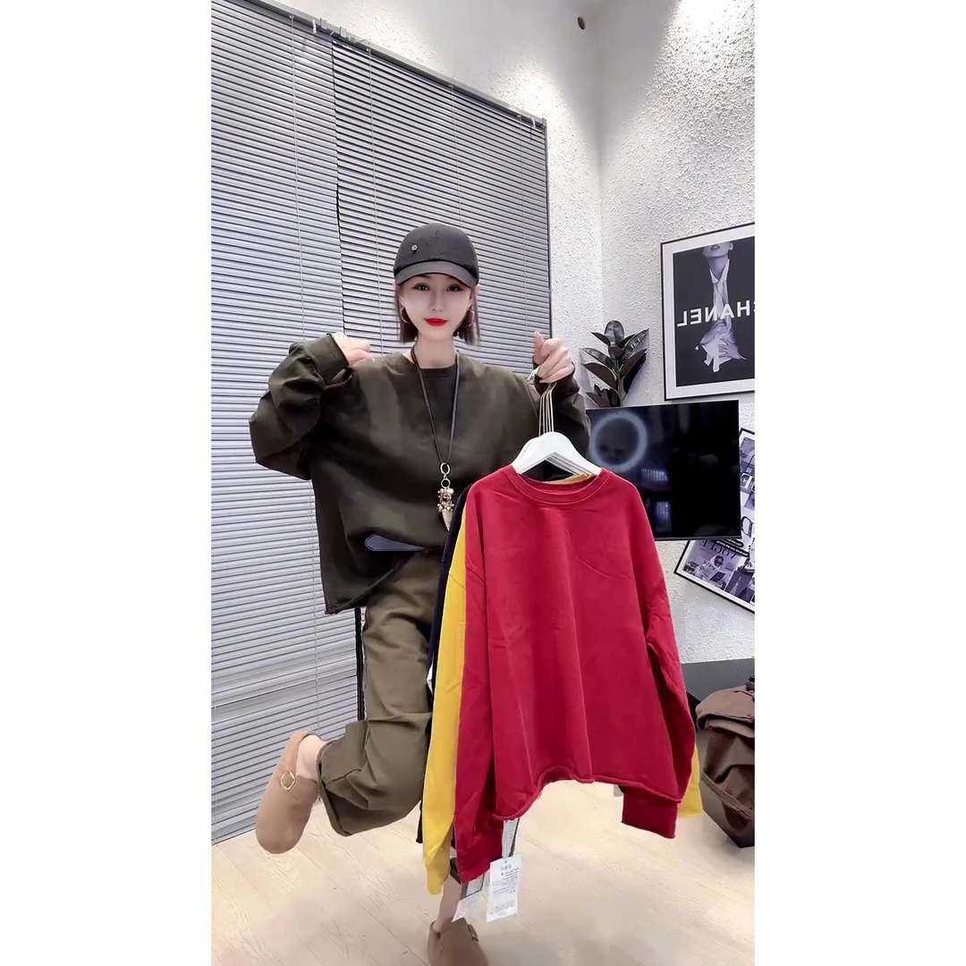 欧洲站休闲宽松百搭后背贴标卷边圆领长袖卫衣