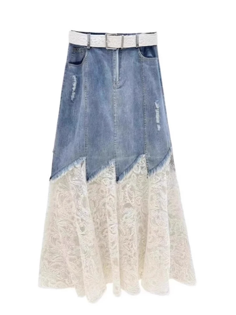 欧货蕾丝拼接牛仔半身裙女2025夏季爆款高腰不规则假两件中长裙子