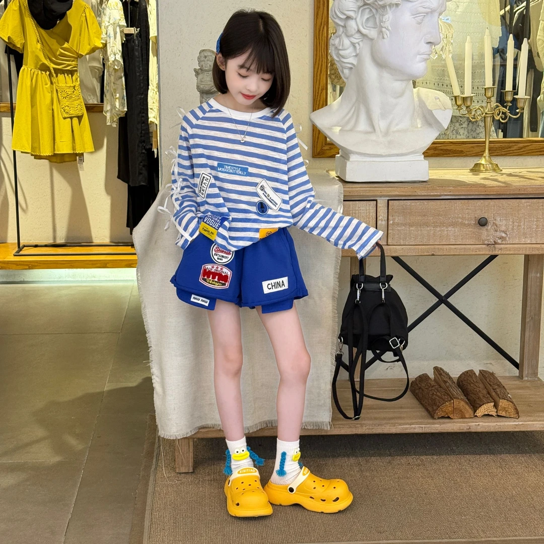2025女童长袖宽松型条纹卡通T恤休闲休闲风宽松印花防晒百搭T恤潮