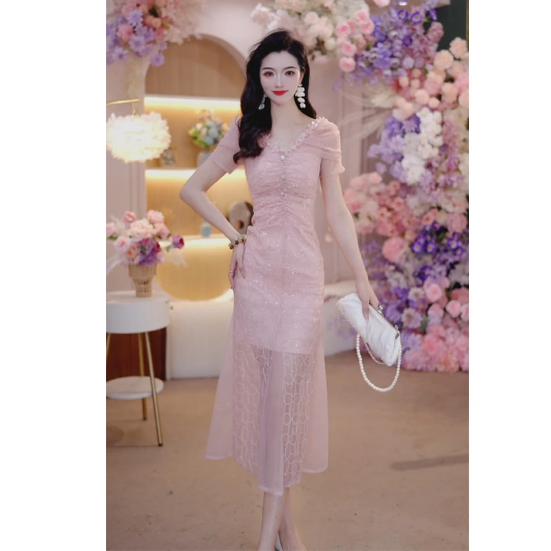 2025夏季新款时尚气质修身显瘦蕾丝极简风网纱V领法式连衣裙6199