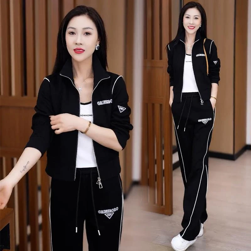 运动套装女2024春秋新款时尚洋气休闲立领卫衣阔腿裤显瘦两件套潮