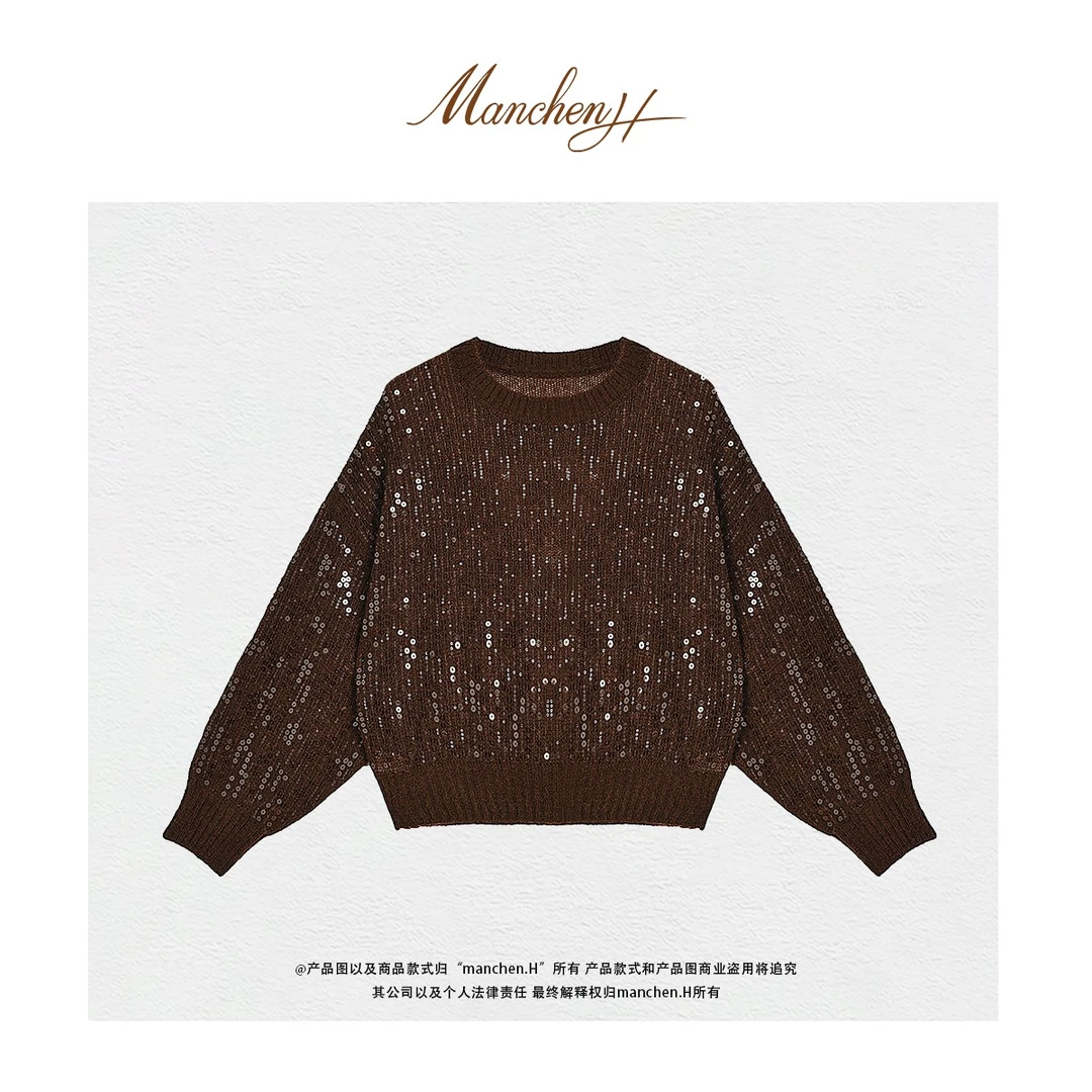 曼辰manchenh"BC鎏金"客订羊毛马海毛亮片纱针织上衣