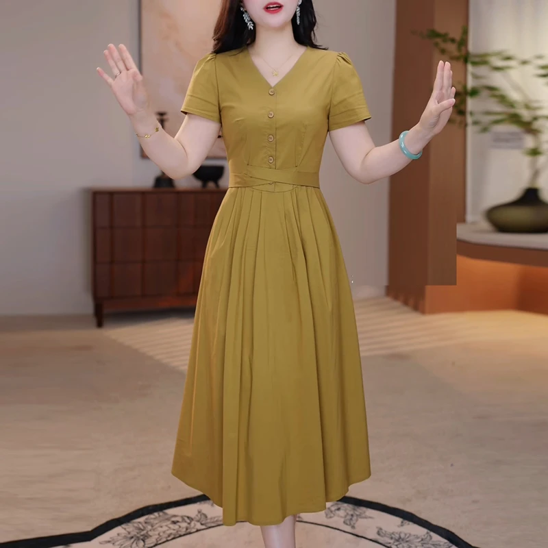 设计感舒适简约收腰显高连衣裙女2025夏季新款洋气减龄中长款裙子