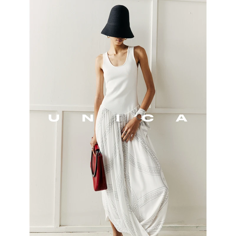 UNICA/摩登小马图腾_桑蚕丝拼针织显瘦扭扭线条版印花时髦连衣裙