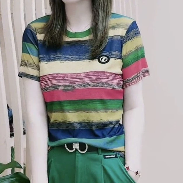 彩虹条纹短袖t恤新款时尚遮肉弹力上衣03