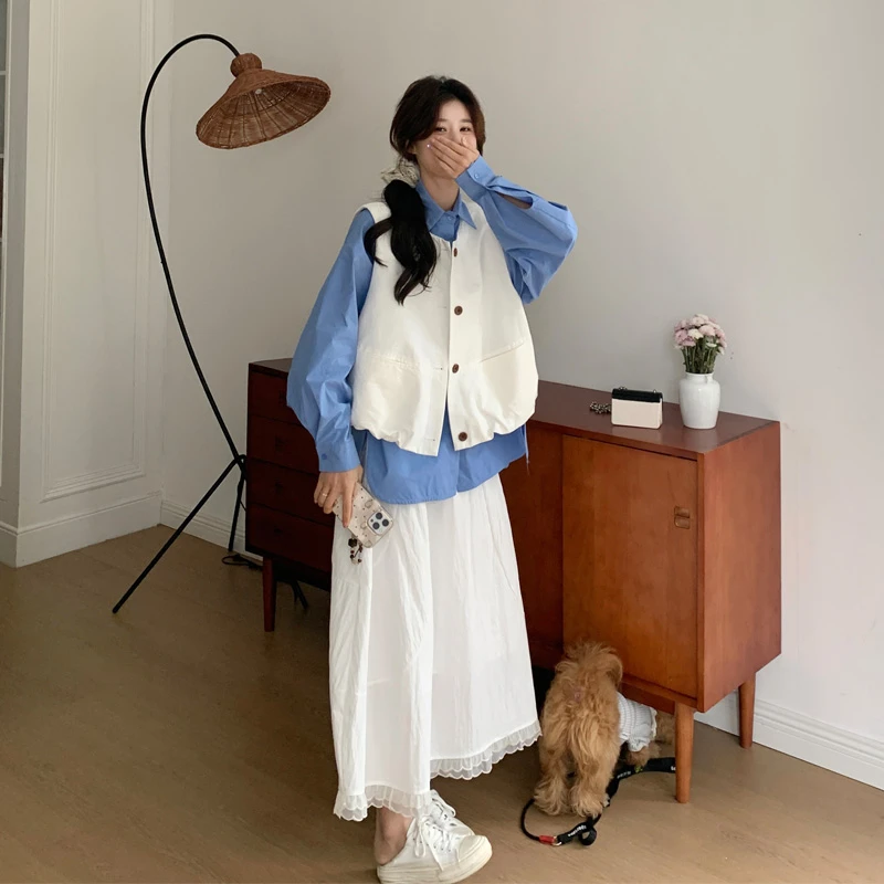 韩系设计感马甲蓝色衬衫半身裙2025春秋新款简约通勤学院风三件套
