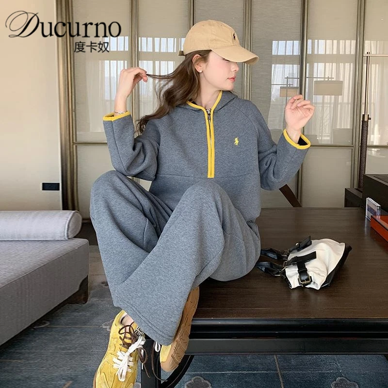 灰色慵懒风连帽卫衣套装女2025早秋韩系穿搭休闲显瘦阔腿裤两件套