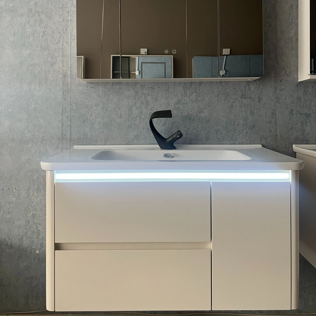 H37新款全橡胶木全烤漆浴室柜组合陶瓷一体洗脸盆智能镜柜