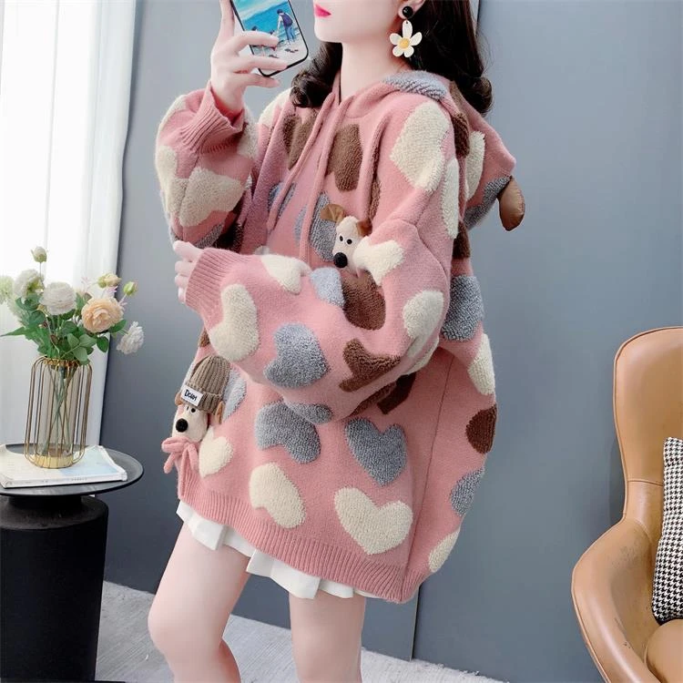 慵懒风可爱减龄爱心提花连帽毛衣女外穿2024秋冬新款宽松加厚上衣