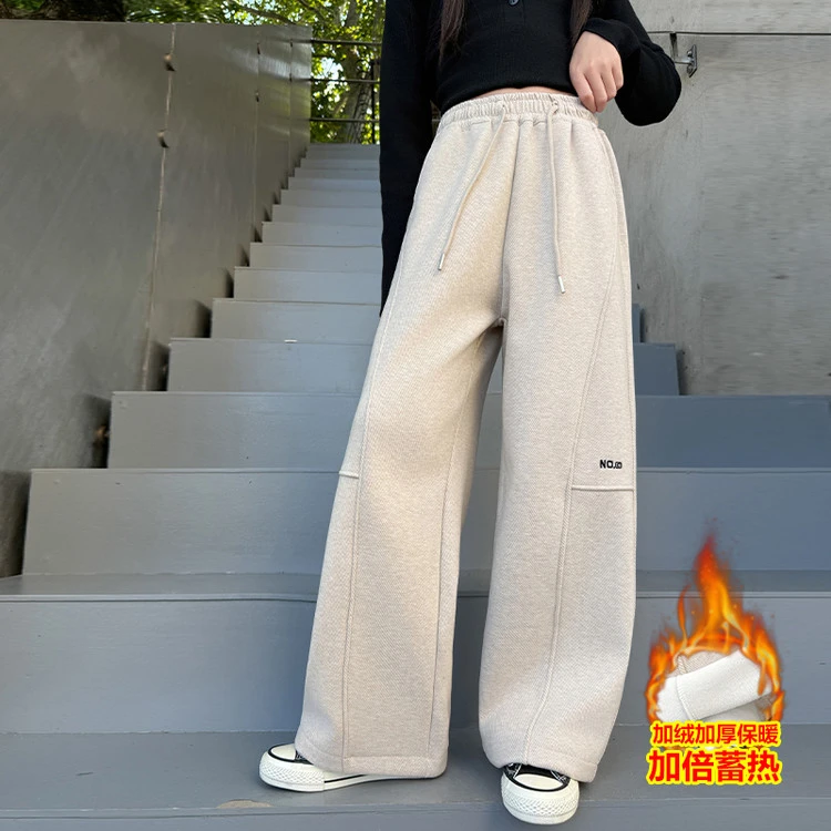 6-9-10-12-15岁女童阔腿裤儿童一体绒裤子大童弯刀裤秋冬加绒加厚