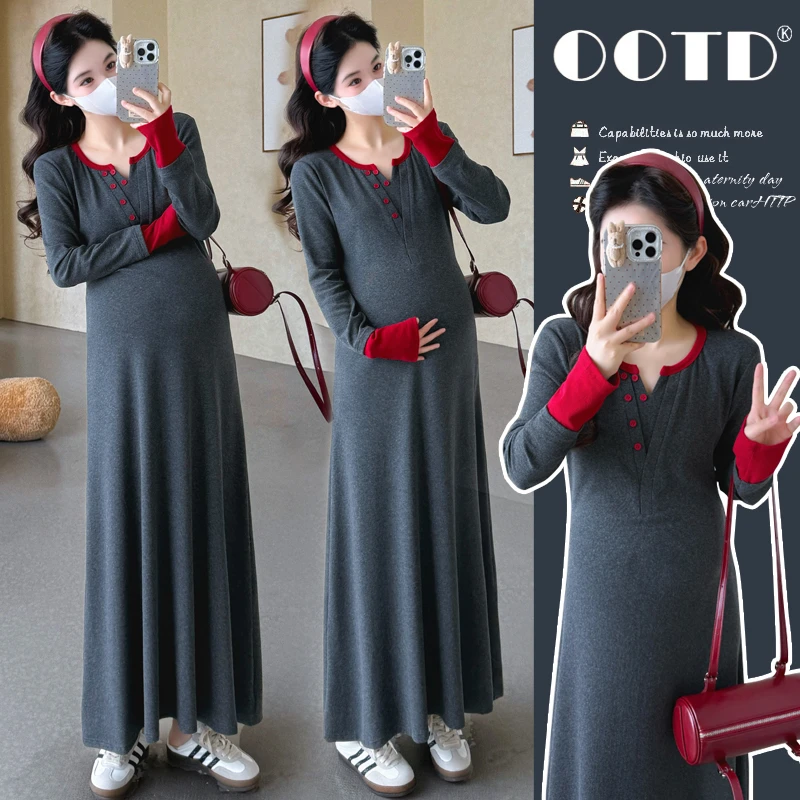 橙子家-新款时尚小众气质辣妈长裙拼接撞色显瘦针织打底连衣裙