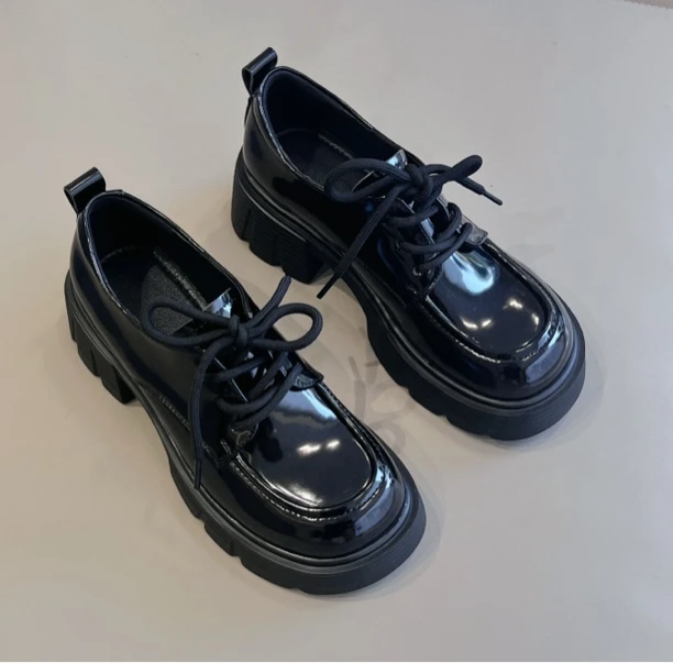 时尚百搭厚底增高英伦风系带乐福鞋女单鞋复古黑色学院风