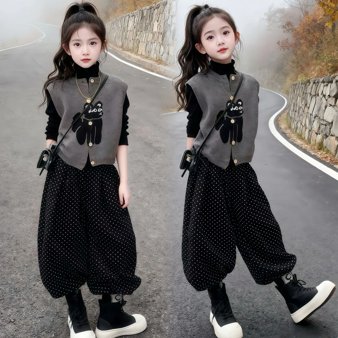 女童春秋套装2025年秋季新款中大童木耳边打底衫马甲波点裤三件套