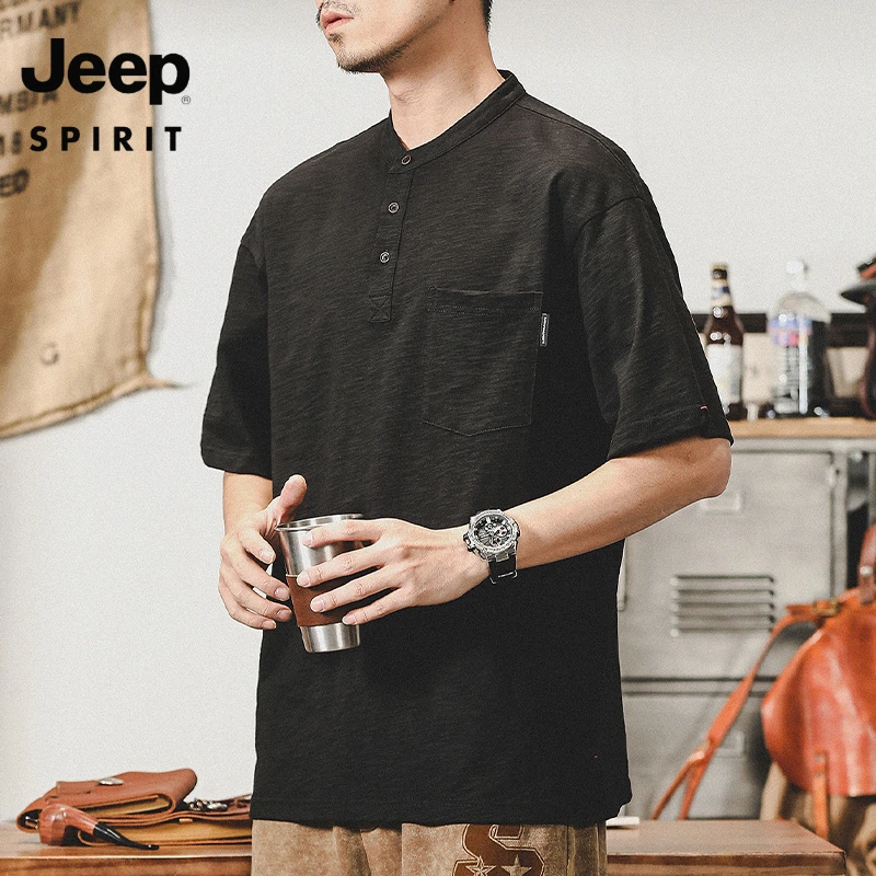 JEEP吉普夏季美式经典重磅短袖Polo衫男t轻薄亨利领T恤竹节纱半袖