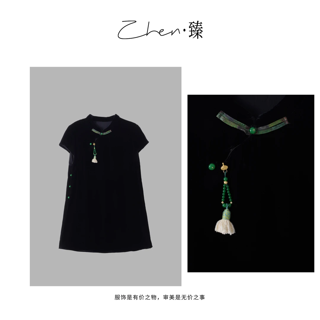 ZHEN.臻 新中式斜襟盘扣翠竹唐装轻旗袍真丝丝绒衬衫SY8253Z