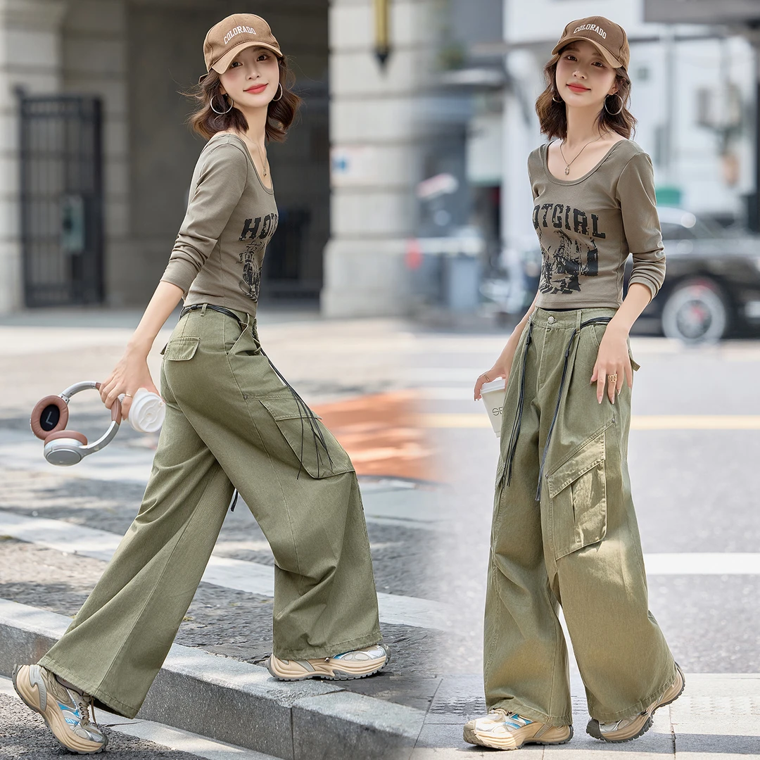 休闲字母印花长袖套装女2025秋季新款松弛感高腰工装阔腿裤两件套