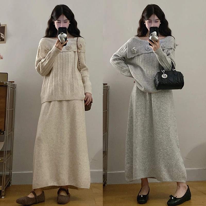 大码胖mm秋冬立体花朵一字肩翻领针织衫慵懒风上衣+半身裙套装女