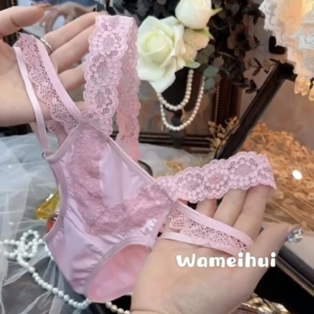 撞色辣妹性感纯欲风交叉蕾丝边缎面镂空棉档三角内裤女时尚性感