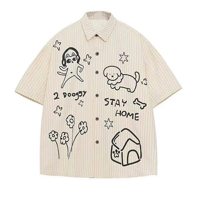 趣味学院风狗狗涂鸦印花短袖衬衫男女条纹百搭宽松慵懒风情侣上衣