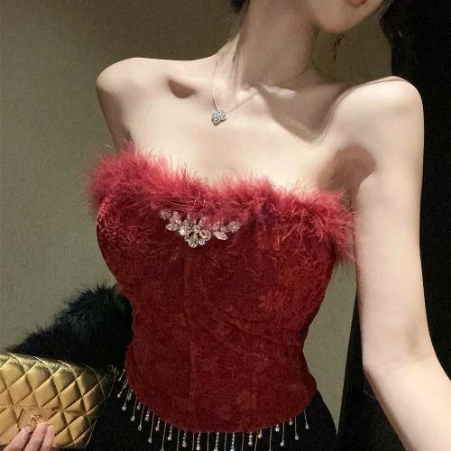 法式轻熟风高级感蕾丝镶钻毛毛抹胸背心女内搭纯欲白色裹胸上衣