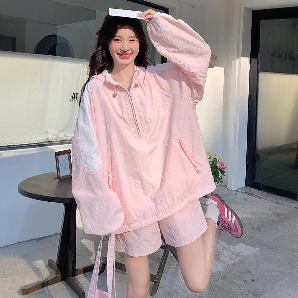 韩版慵懒风连帽防晒衣短裤两件套女夏季新款休闲外套小个子套装