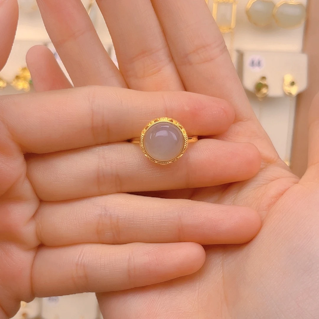 和田玉戒指银S925镀金镶嵌