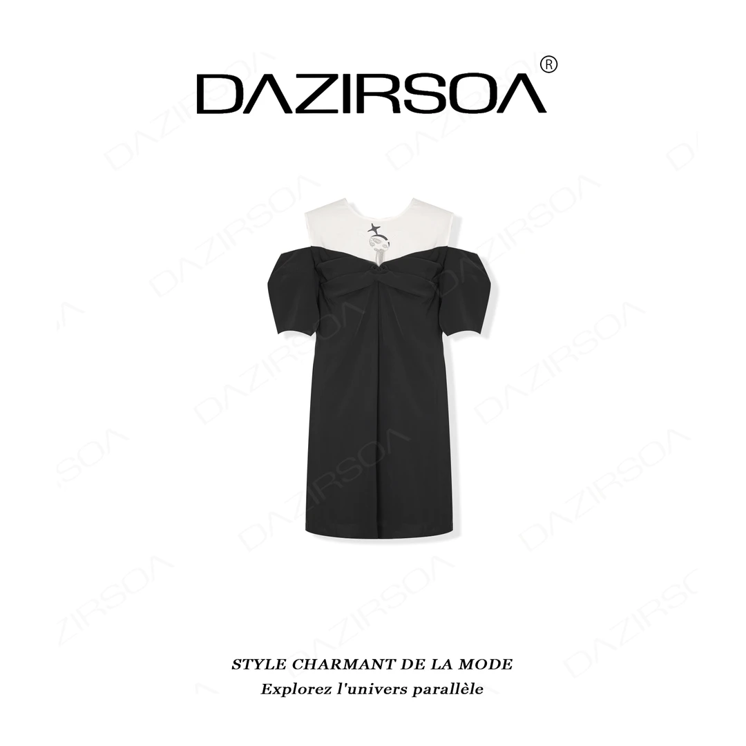 DAZIRSOA/达姿“视觉巧思”时尚百搭星球刺绣个性露肩连衣裙 L006
