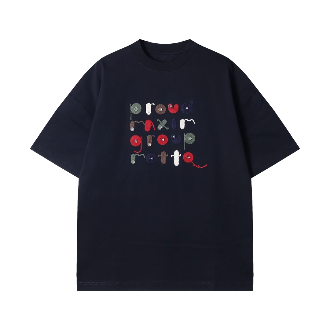 早春新款时尚个性纯色刺绣纽扣圆领短袖T恤高级感设计百搭上衣