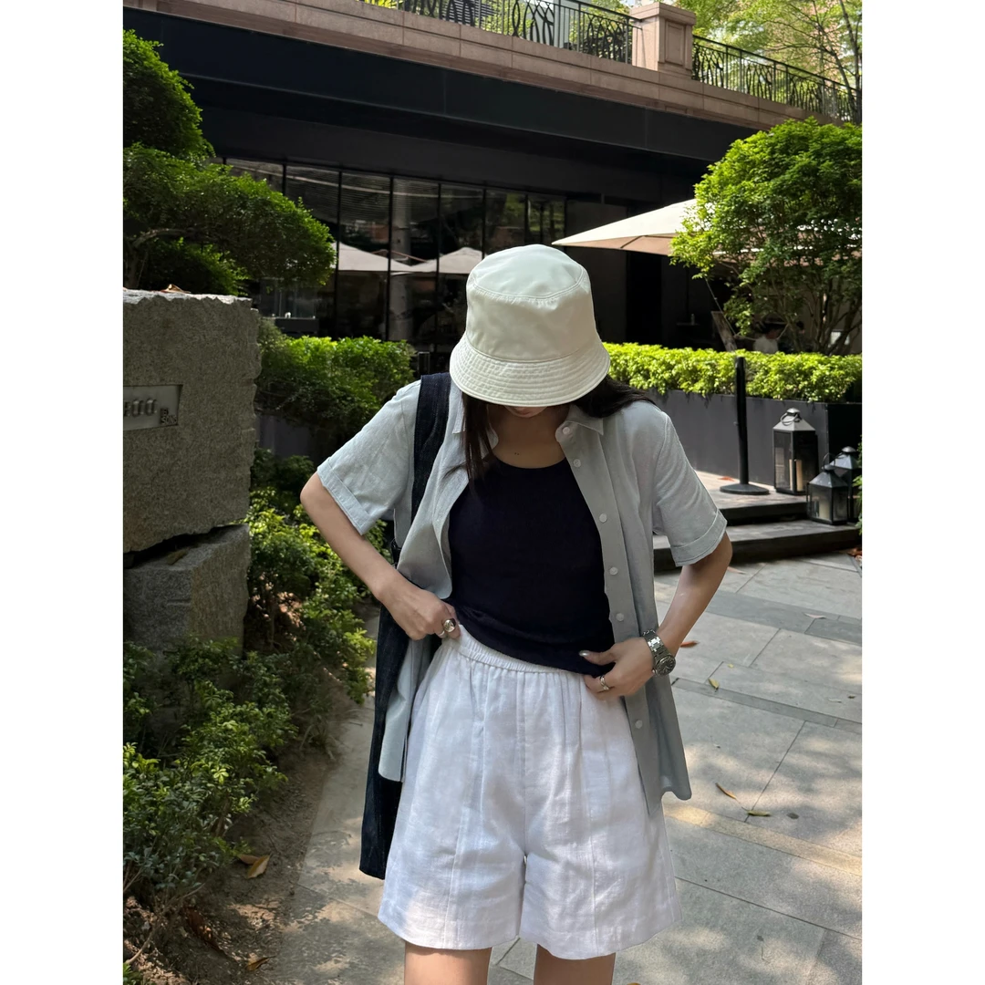 【蓝海画影】“莫代尔棉”极简设计感肌理竹节麻感短袖翻领衬衫0688